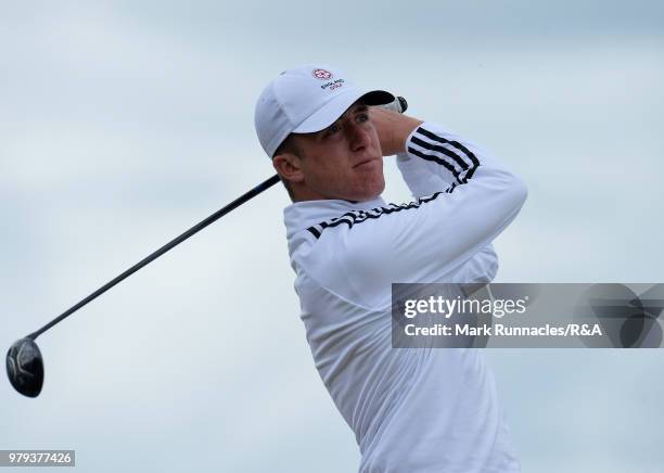 Benjamin Jones of Northamptonshire County plays his tee shot to the 13th hole during the third day of The Amateur Championship at Royal Aberdeen on...