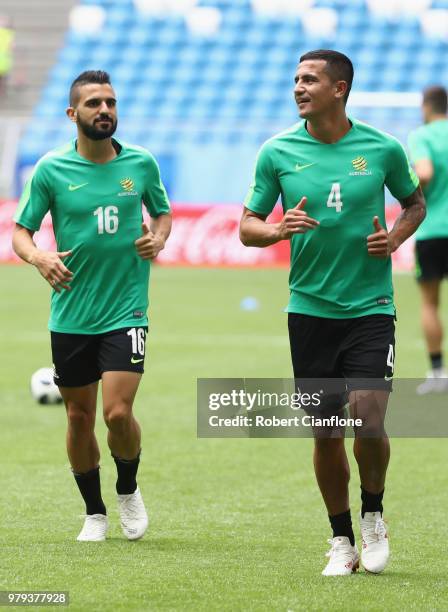 Aziz Behich and Tim Cahill of Australia warm up during an Australia Socceroos training session ahead of the 2018 FIFA World Cup match against Denmark...