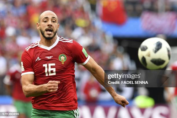 Morocco's forward Noureddine Amrabat eyes the ball during the Russia 2018 World Cup Group B football match between Portugal and Morocco at the...