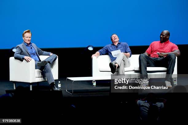 Conan O'Brien, Chris Cuomo and Shaquille O'Neal speak onstage during the Turner session at the Cannes Lions Festival 2018 on June 20, 2018 in Cannes,...