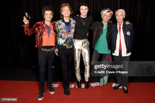 Ronnie Wood and Mick Jagger of The Rolling Stones, James Bay , Keith Richards and Charlie Watts of The Rolling Stones pose backstage during the 'No...