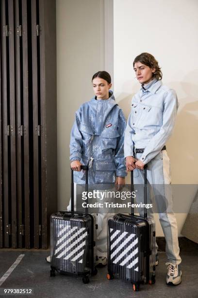Models pose backstage prior the Off-White Menswear Spring Summer 2019 show as part of Paris Fashion Week on June 20, 2018 in Paris, France.