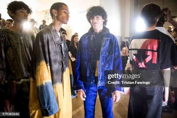 Models pose backstage prior the Off-White Menswear Spring Summer 2019 show as part of Paris Fashion Week on June 20, 2018 in Paris, France.