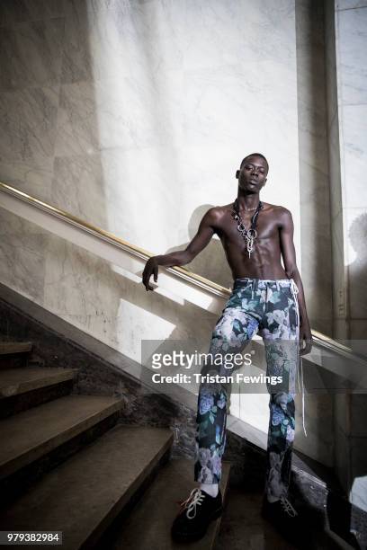 Model poses backstage prior the Off-White Menswear Spring Summer 2019 show as part of Paris Fashion Week on June 20, 2018 in Paris, France.