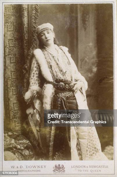 Portrait of French actress Sarah Bernhardt as she poses in costume for her role in 'Fedora,' 1890s.