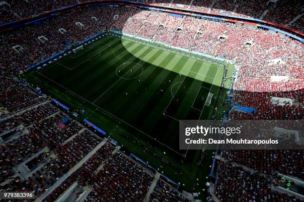 An aerial view of action during the 2018 FIFA World Cup Russia group B match between Portugal and Morocco at Luzhniki Stadium on June 20, 2018 in...