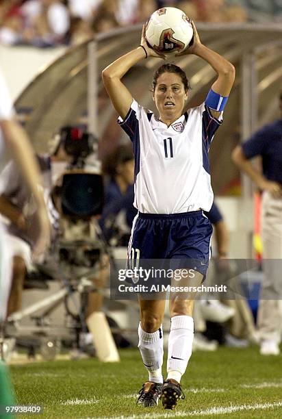 United States midfielder Julie Foudy inbounds the ball Thursday, September 25, 2003 at Lincoln Financial Field, Philadelphia during the opening round...