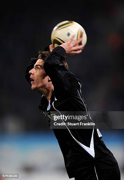 Kevin Grund of Duisburg in action during the Second Bundesliga match between FC Hansa Rostock and MSV Duisburg at the DKB Arena on March 19, 2010 in...