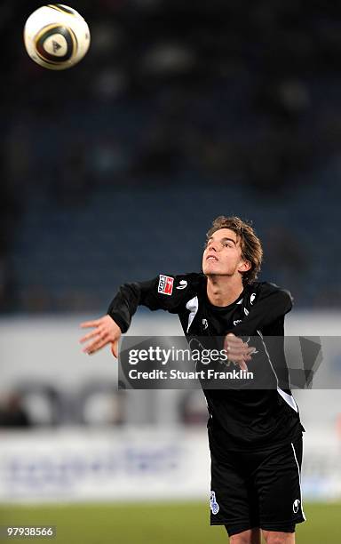 Kevin Grund of Duisburg in action during the Second Bundesliga match between FC Hansa Rostock and MSV Duisburg at the DKB Arena on March 19, 2010 in...