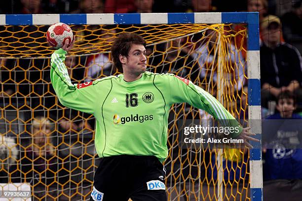 Goalkeeper Carsten Lichtlein of Germany in action during the international handball friendly match between Germany and Switzerland at the Porsche...