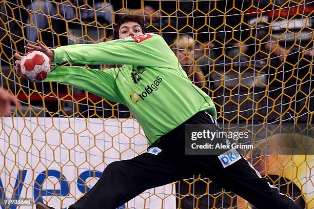 Goalkeeper Carsten Lichtlein of Germany in action during the international handball friendly match between Germany and Switzerland at the Porsche...