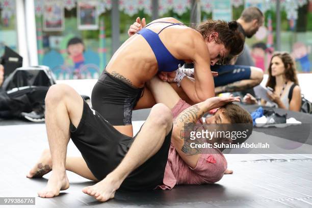 Jessica Eye of the United States participates in the UFC Fight Night Open Workout at OCBC Square on June 20, 2018 in Singapore.