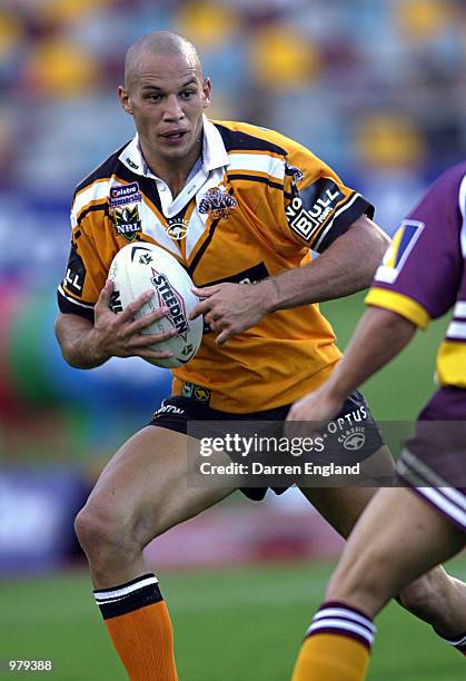 Tyran Smith of Wests Tigers in action against Brisbane during the NRL round four match between the Brisbane Broncos and Wests Tigers played at ANZ...