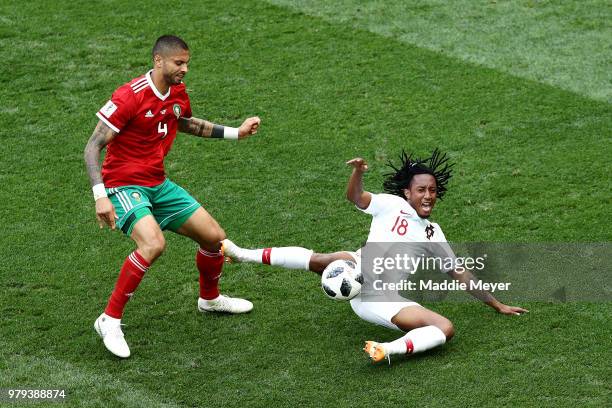 Gelson Martins of Portugal is challenged by Manuel Da Costa of Morocco during the 2018 FIFA World Cup Russia group B match between Portugal and...