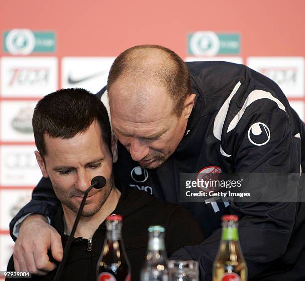Head Coach Michael Wiesinger FC Ingolstadt and Head Coach Wolfgang Wolf of Kickers Offenbach during the press conference after the 3.Liga match...