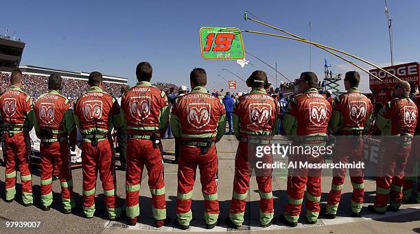 Jeremy Mayfield's pit crew lines up for pre-race ceremonies at the Pop Secret Microwave Popcorn 400 at North Carolina Speedway Sunday, November 9,...