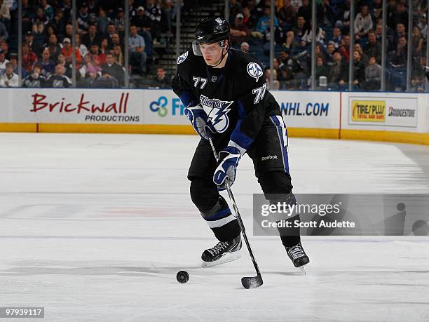 Victor Hedman of the Tampa Bay Lightning passes the puck against the Phoenix Coyotes at the St. Pete Times Forum on March 16, 2010 in Tampa, Florida.