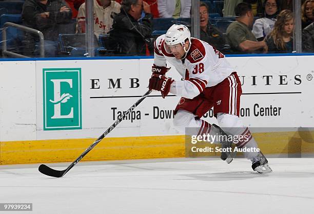 Vernon Fiddler of the Phoenix Coyotes races up ice against the Tampa Bay Lightning at the St. Pete Times Forum on March 16, 2010 in Tampa, Florida.