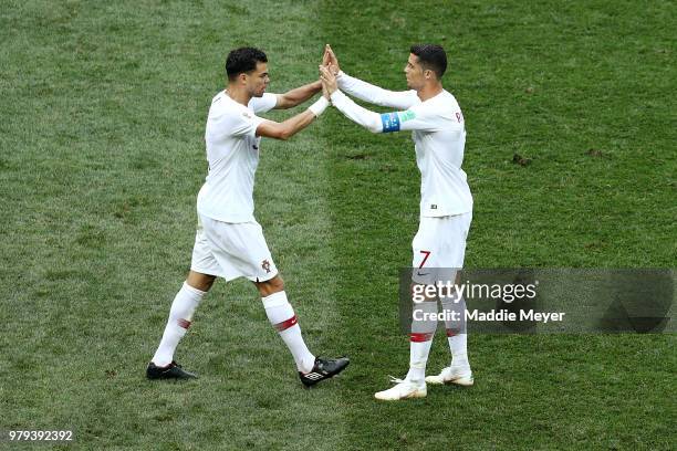 Cristiano Ronaldo celebrates victory with team mate Pepe of Portugal during the 2018 FIFA World Cup Russia group B match between Portugal and Morocco...