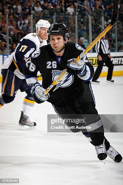 Martin St. Louis of the Tampa Bay Lightning skates against the Buffalo Sabres at the St. Pete Times Forum on March 18, 2010 in Tampa, Florida.