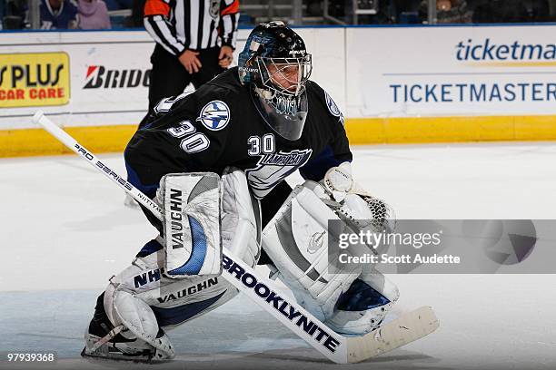 Goaltender Antero Niittymaki of the Tampa Bay Lightning defends the goal against the Buffalo Sabres at the St. Pete Times Forum on March 18, 2010 in...