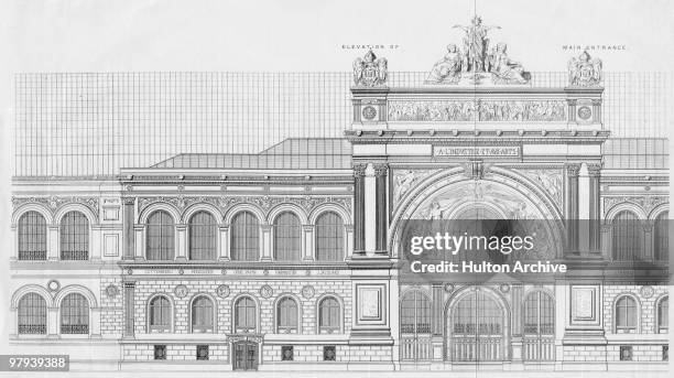 An elevation of the Palais de l'Industrie, the main entrance to the Paris World's Fair, 1855. Atop the gate is a sculpture of 'France crowning Art...