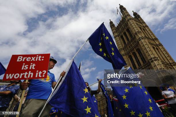 Pro-European Union and anti-Brexit demonstrators wave European Union flags outside the Houses of Parliament in London, U.K., on Wednesday, June 20,...