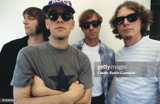 Group portrait of American band REM. Left to right are guitarist Peter Buck , singer Michael Stipe, drummer Bill Berry and bassist Mike Mills in Los...