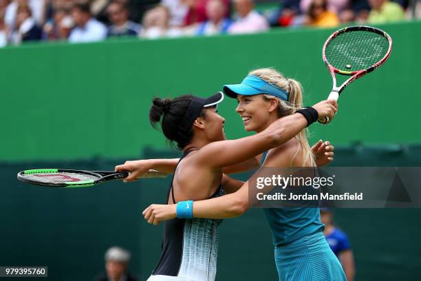 Heather Watson and Katie Boulter of Great Britain celebrate victory in their Lyudmyla Kichenok of the Ukraine and Alla Kudryavtseva of Russia during...