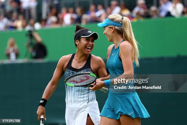 Heather Watson and Katie Boulter of Great Britain celebrate victory in their Lyudmyla Kichenok of the Ukraine and Alla Kudryavtseva of Russia during...