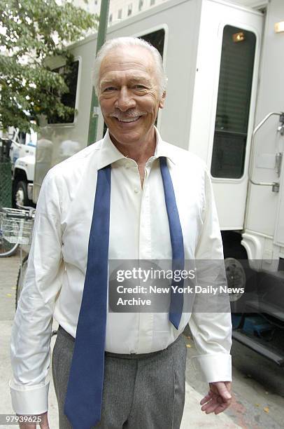 Christopher Plummer stands outside his trailer after filming scenes from Spike Lee's new movie, "Inside Man," in Battery Park City.