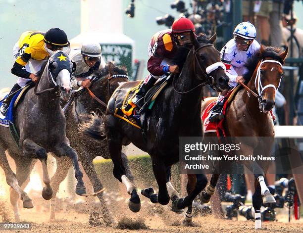 Da' Tara under jockey Alan Garcia, Robert V. LaPenta, trainer; overruns Big Brown under jockey Kent Desormeaux, Richard Dutrow, trainer; as Kent...