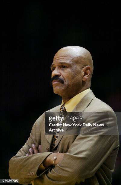 Cleveland Cavaliers' head coach John Lucas looks glum as his team is crushed by the New Jersey Nets, 120-79, at the Continental Airlines Arena.