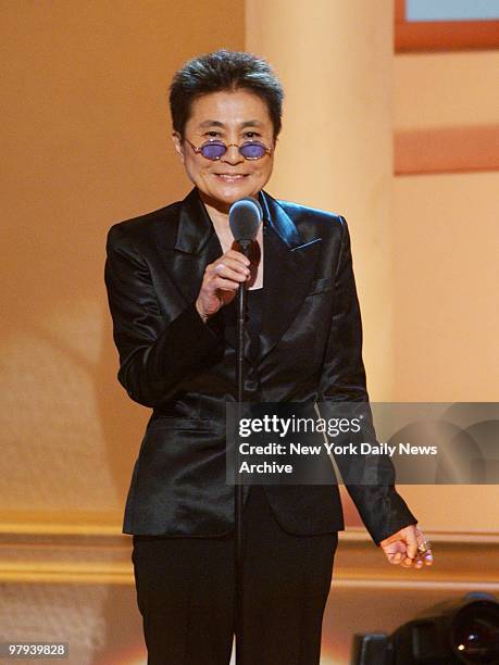 Yoko Ono, widow of John Lennon, speak to the audience during "Come Together: A Night for John Lennon's Words & Music" at Radio City Music Hall. The...