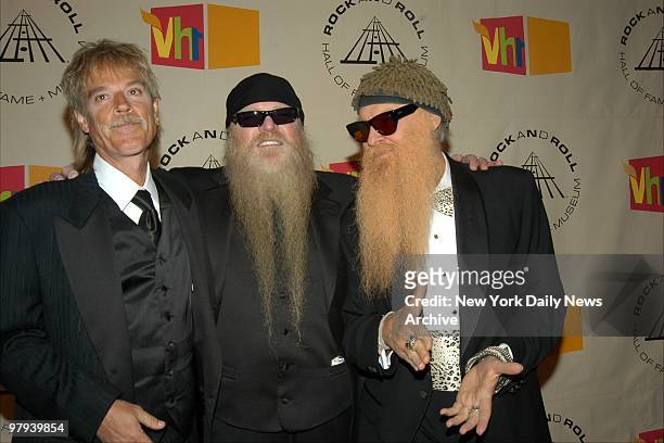 Top - Frank Beard, Dusty Hill and Billy Gibbons - arrive at the Waldorf-Astoria hotel for the 19th annual Rock and Roll Hall of Fame induction...