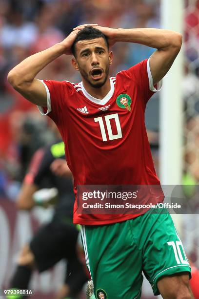 Dejected Younes Belhanda of Morocco reacts after missing a chance during the 2018 FIFA World Cup Russia group B match between Portugal and Morocco at...