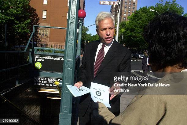 Public Advocate Mark Green campaigns at the Washington Ave. Subway station on the G line in Fort Greene, Brooklyn. The Transit Authority has proposed...