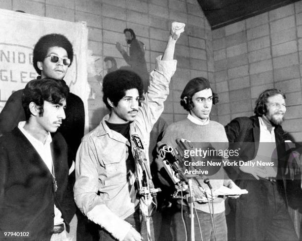Young Lords at press conference. Left to right, front: David Perez, Minister of Defense; Felipe Luciano, Chairman of Lords; Juan Gonzalez, Minister...