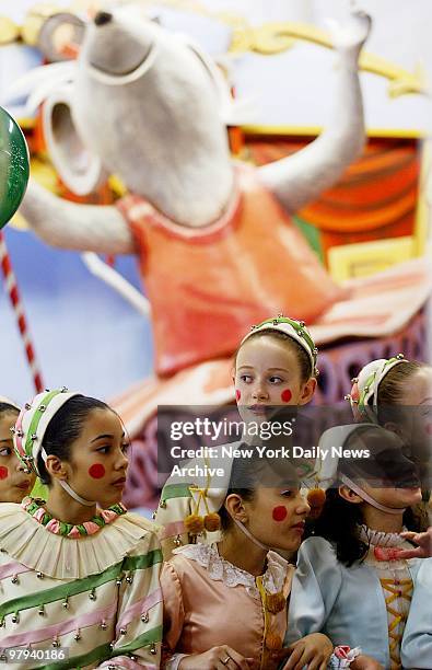 Young performers take their place on the Angelina Ballerina float during a rehearsal at Macy's studio in Hoboken for their appearance in the...