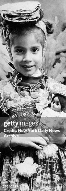 Youngster Jussila Barillas wearing Quetzaltenango costume in the Columbus Day Parade.