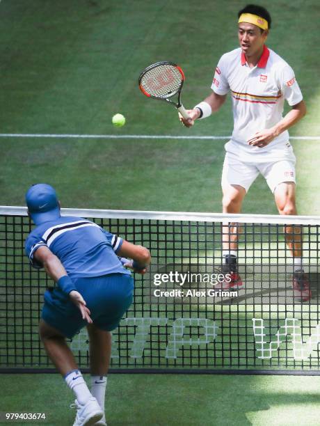 Kei Nishikori of Japan plays a stop ball during his round of 16 match against Karen Khachanov of Russia on day 3 of the Gerry Weber Open at Gerry...