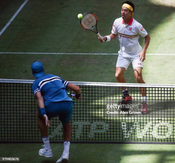 Kei Nishikori of Japan plays a stop ball during his round of 16 match against Karen Khachanov of Russia on day 3 of the Gerry Weber Open at Gerry...