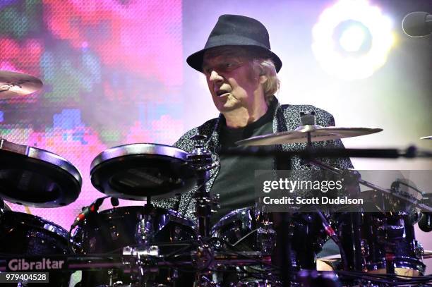 Rock and Roll Hall of Fame member Alan White, drummer of the classic rock band Yes, performs onstage as a special guest during the band's 50th...