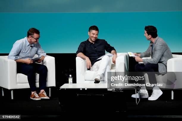 Rankin Carroll, Ari Weiss and David Schwimmer speak onstage during the DDB Worldwide session at the Cannes Lions Festival 2018 on June 20, 2018 in...