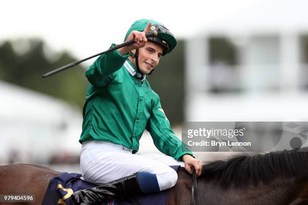 William Buick riding Aljazzi celebrates wining The Duke of Cambridge Stakes on day 2 of Royal Ascot at Ascot Racecourse on June 20, 2018 in Ascot,...