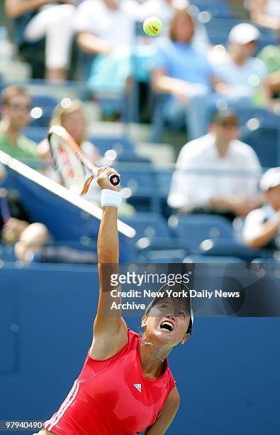 Yung-Jan Chan of Taiwan serves to Serena Williams of the U.S. In the opening match of the U.S. Open at Arthur Ashe Stadium in Flushing Meadows-Corona...