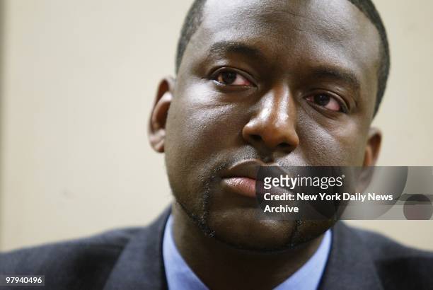 Yusef Salaam listens during news conference at the City Council offices on Broadway. Salaam, one of the five men convicted in the Central Park jogger...