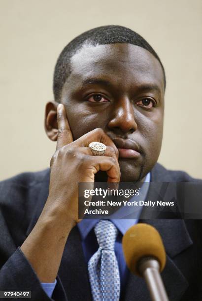Yusef Salaam listens during news conference at the City Council offices on Broadway. Salaam, one of the five men convicted in the Central Park jogger...