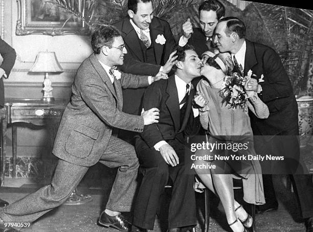 Zeppo Marx and his bride Marion Bender are surrounded by brothers Groucho, Gummo, Harpo, and Chico after the wedding at the Hotel Chalfonte.