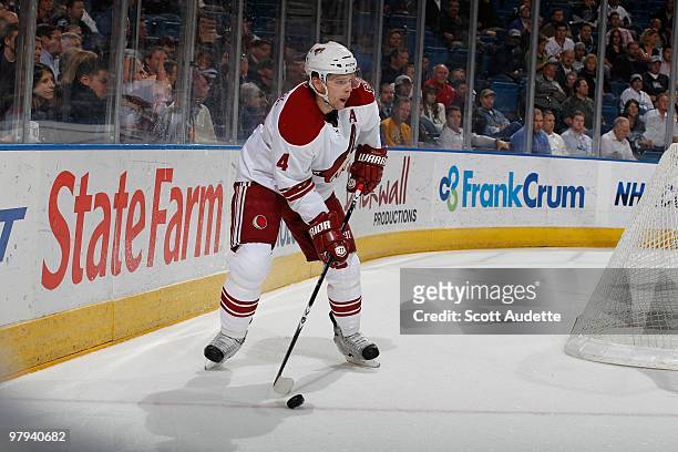 Zbynek Michalek of the Phoenix Coyotes passes the puck against the Tampa Bay Lightning at the St. Pete Times Forum on March 16, 2010 in Tampa,...
